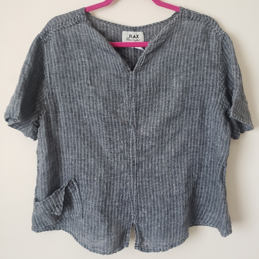 FLAX Linen Jeanne Engelheart Short Sleeve Top Striped Gray Large w Pocket